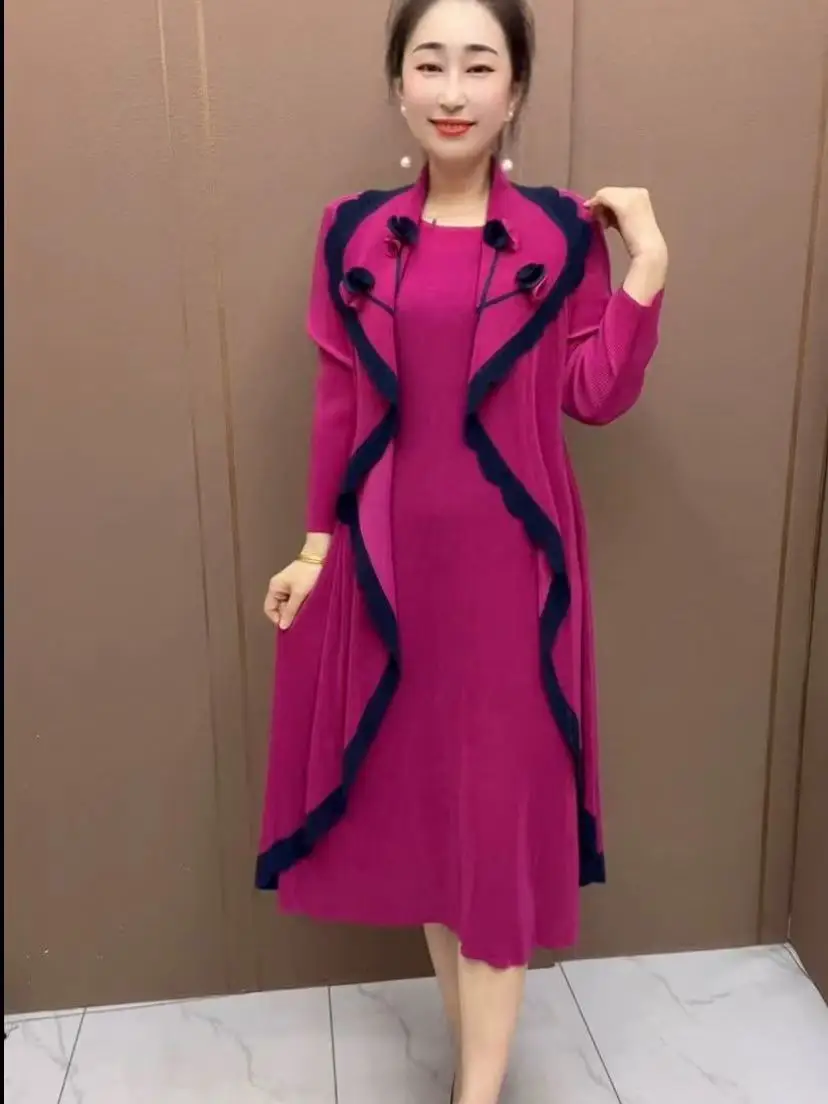 Damska spódnica w stylu casual chic, długa, na wiosnę i jesień, z wysokim stanem, w kształcie litery A, składana, luźna, z nadrukiem kwiatowym.