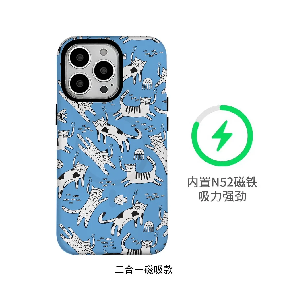 

Blue-background Cartoon Cat Case for IPHONE 17Air 16ProMax 15 Plus 14 13 12 Mini 11 Acrylic TPU Two in One Magnetic Phone Cases