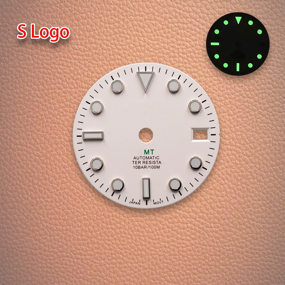 S Logo 28.5mm White GMT dial with red font dial Suitable For NH34 Movement Ice Blue Luminous Watch Modification Accessories