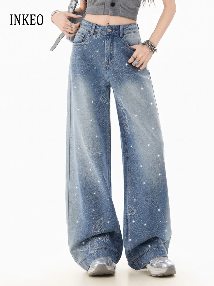 

Women's Butterfly Print Rhinestone Wide Leg Pants Jeans 2026 Fashionable Glittering High waist denim Pants Stylish INKEO 6B006