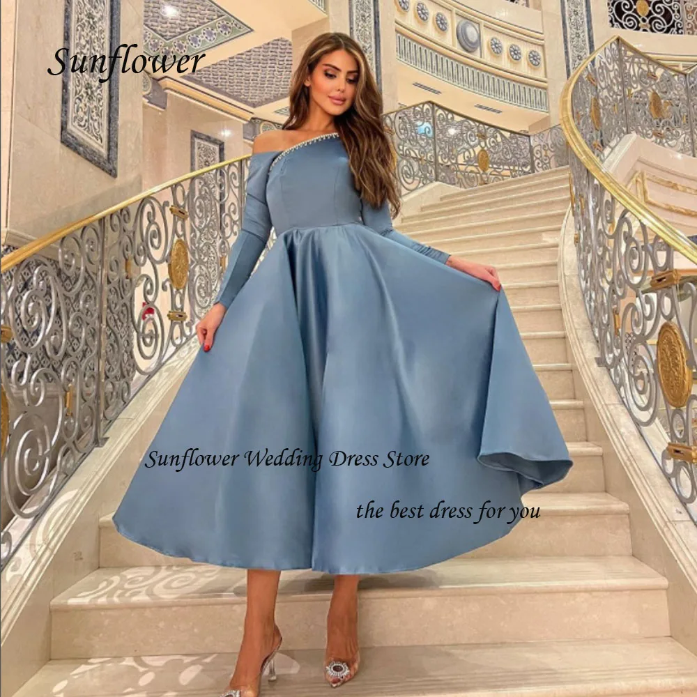 

Sunflower Off the Shoulder Evening Dress 2023 Slim Backless Satin Pleat A-LINE Prom dress Ankle-Length Party Dress