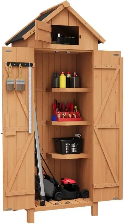 Wooden Outdoor Storage Cabinet Outside Tool Organizer Robust wooden panel build,functional double‑door entry,multi‑tier adjustable inner shelves for Backyard Balcony