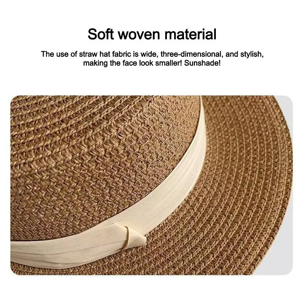 Süßer Strohhut mit breiter Krempe, quadratischem Band und UV-Schutz – Strandhüte – Detail 6