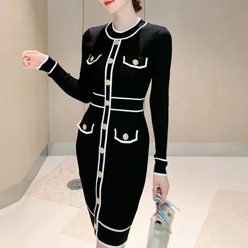 

2023 New Autumn Temperament Buttons Knitted Dress Ladies Fashion Patchwork Slim O-neck Long Sleeve Elasticity Elegant Dress