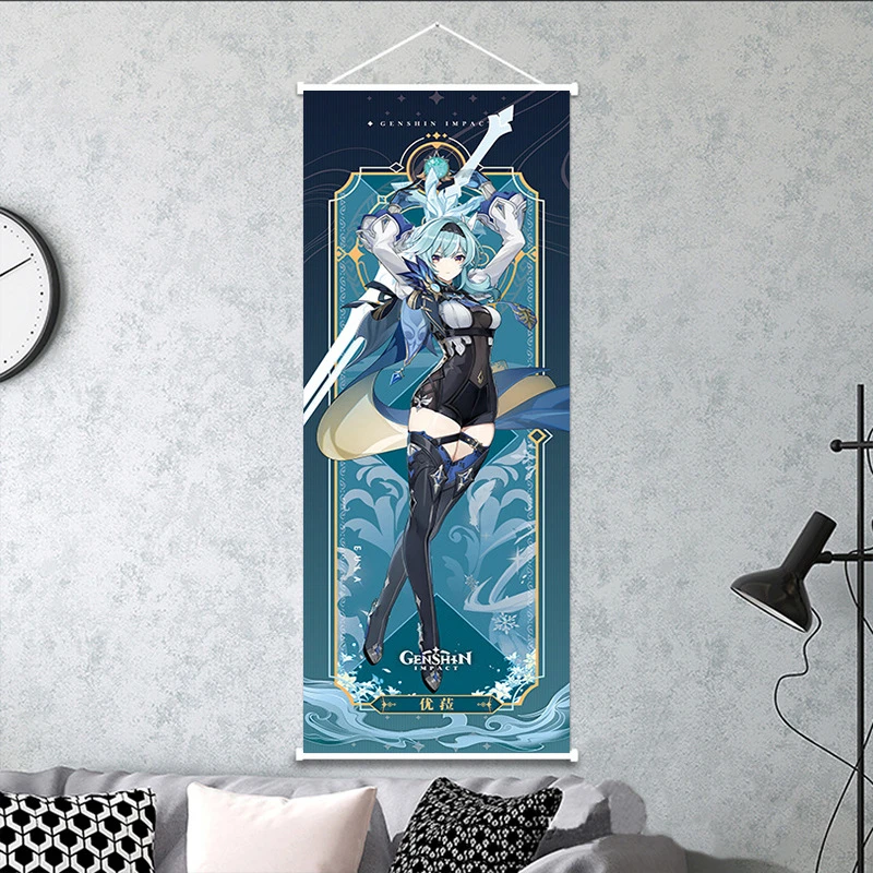 VIKAMA Blue Hair Knight Sword Girl Wall Scroll, 6 Designs, Wall Decor for Bedroom Living Room Dorm