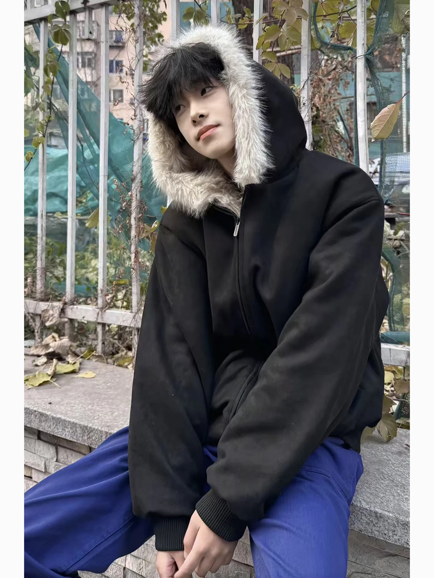 Black Cotton Jacket Men's Winter Thickened Warmth Hooded Coat Cleanfit Design Sense Outerwear Youth Trend Loose Fit Long Sleeve