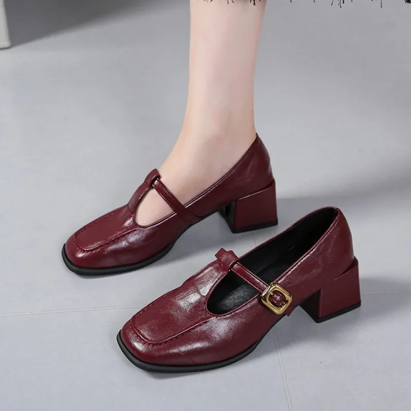 Damen Mary Janes Pumps Frühling/Herbst Kleine quadratische Pumps mit Schnallenriemen, quadratischem Absatz, einfarbig, lässige Büroschuhe