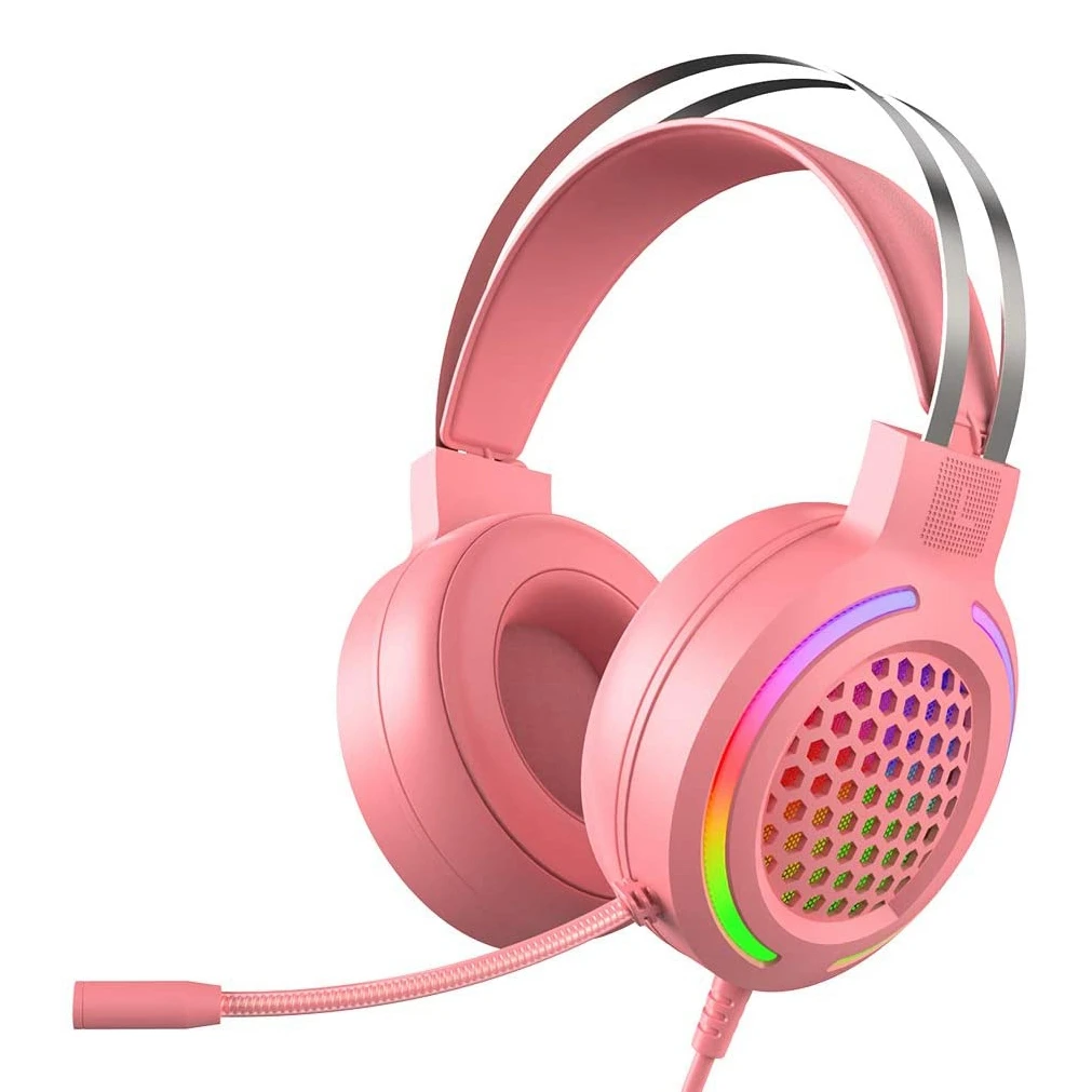 Computer Gaming Headset with Noise-Canceling Microphone 7.1 Surround Sound USB Head-Mounted RGB Gaming Headset Pink
