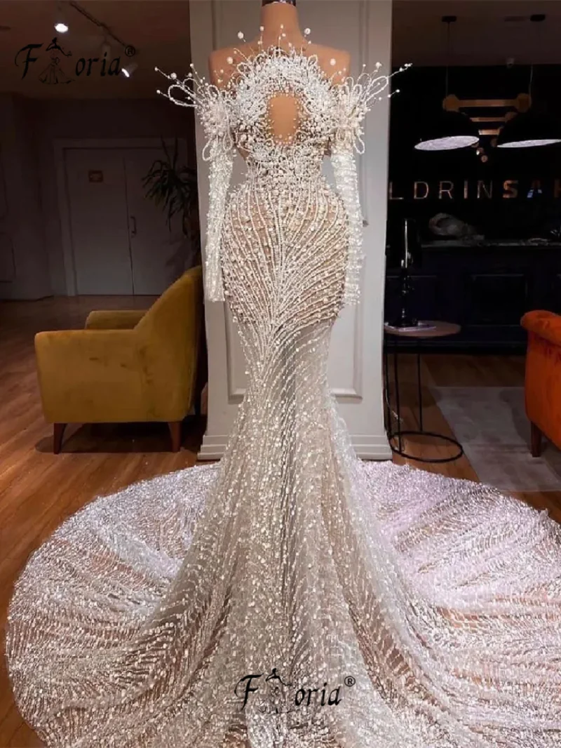 Lindo completo de pérolas sereia vestidos de casamento 2024 frisado dubai lantejoulas rendas apliques 3d vestido de noiva celebridade robe de mariee