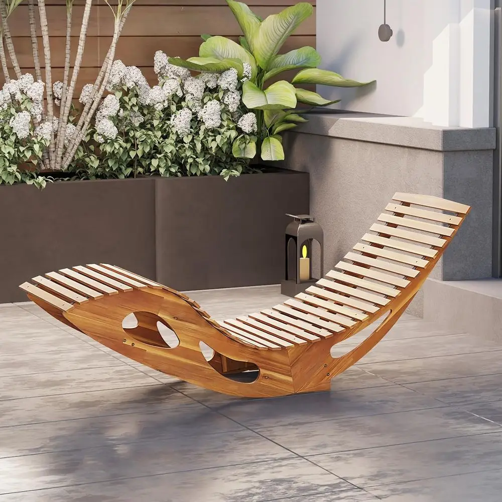 Chair, Acacia Wood Rocking Sun Lounger with Slatted Backrest and Seat, Wooden Rocker Lounge Chair or Patio, Garden and Poolside