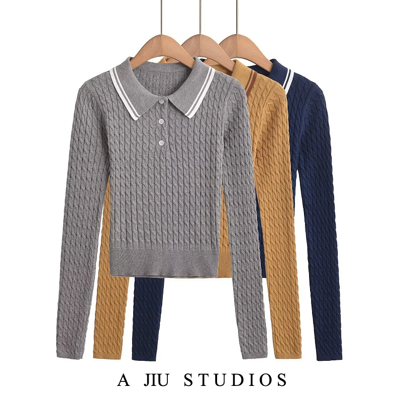 

Anti-Aging College Sle Ne Long Sve Twisted Knit Sweater ort Women's Base irt Sweet Sle Slim Fit Spring Autu...