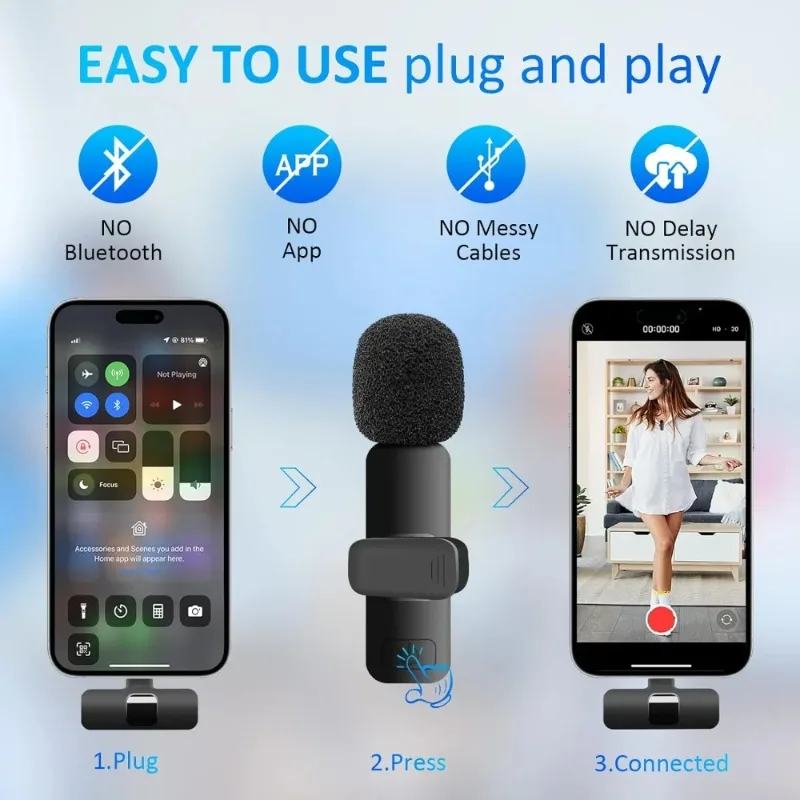 2 Microfones Lavalier Sem Fio para iPhone, Android e iPad, Microfone Mini Clip-on com Qualidade de Som Cristalina