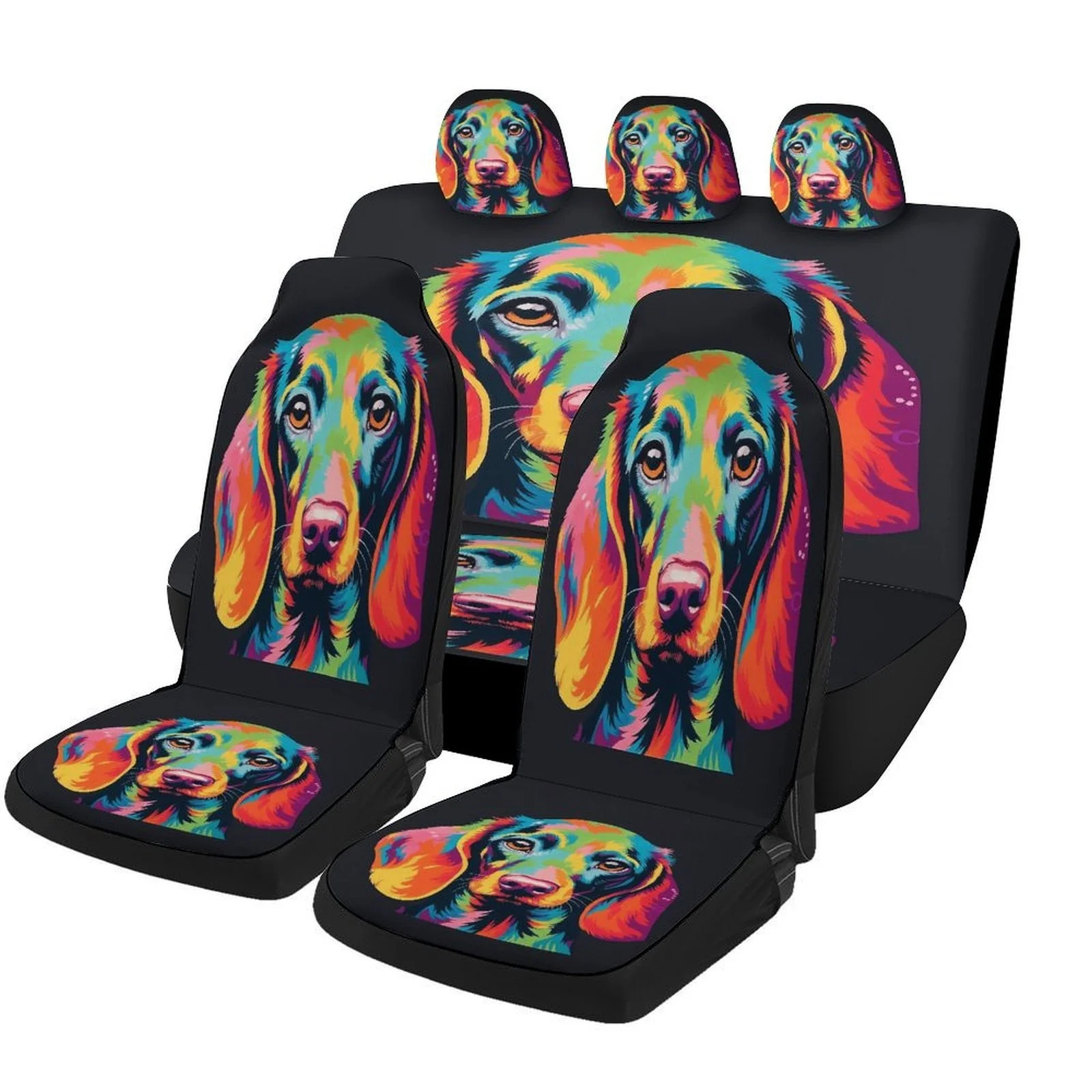 Colorful Dog Portrait Car Seat Cover Set - Vibrant Dachshund Design, High-Quality Polyester, Fit For Most Cars, Ideal For Front