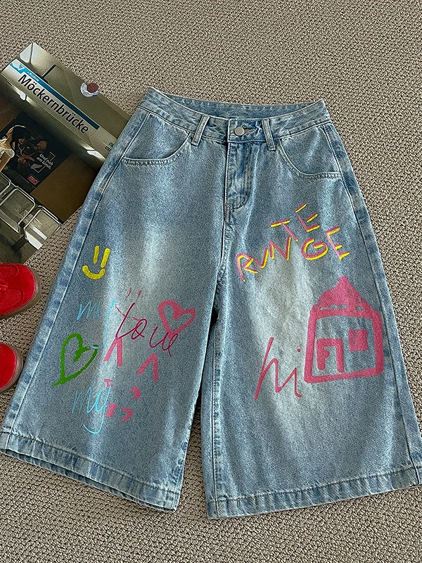 

Wedbleser Denim Shorts Women Summer 2025 New American Trend Washed Letter Graffiti Design Loose Five Quarter Mid Pants