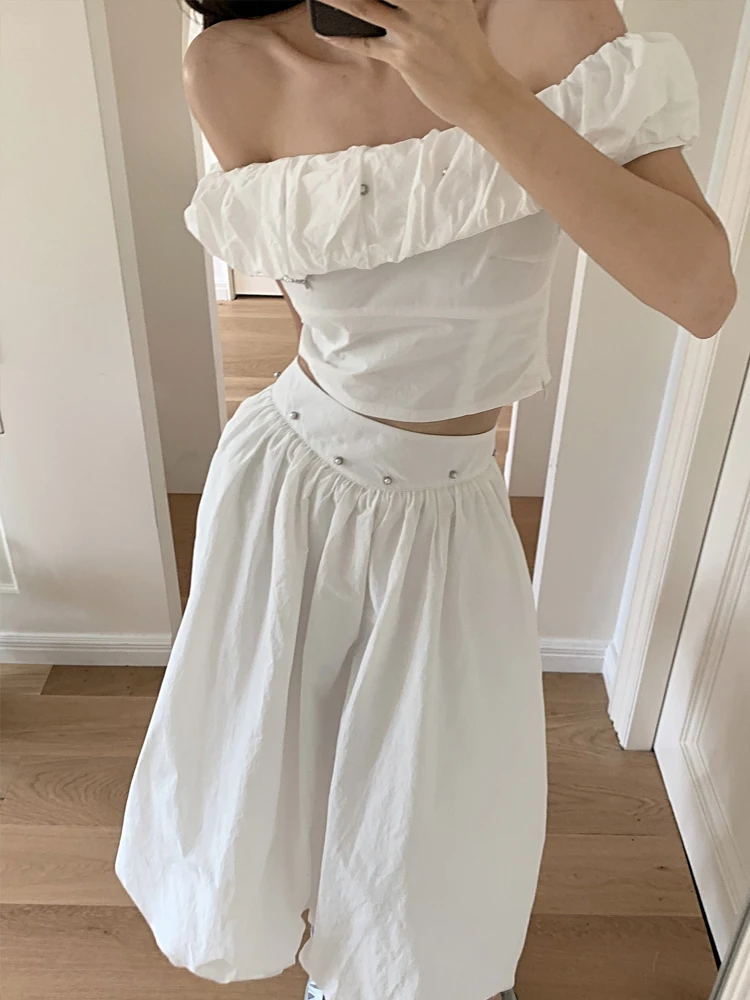 ADAgirl Kawaii Ball Gown White Maxi Skirt for Women Off Shoulder Blouse Female Summer Fashion One Piece Stes Aesthetics Clothes