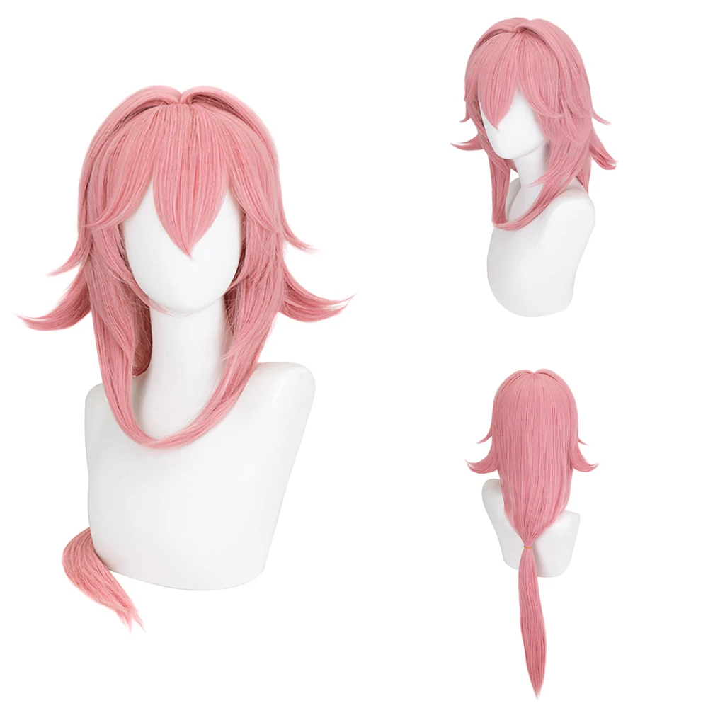 

Yae Miko Cosplay Wig Pink Long Ponytail Simulated Scalp Heat Resistant Synthetic Wig for Anime Cosplay Halloween Costume Event