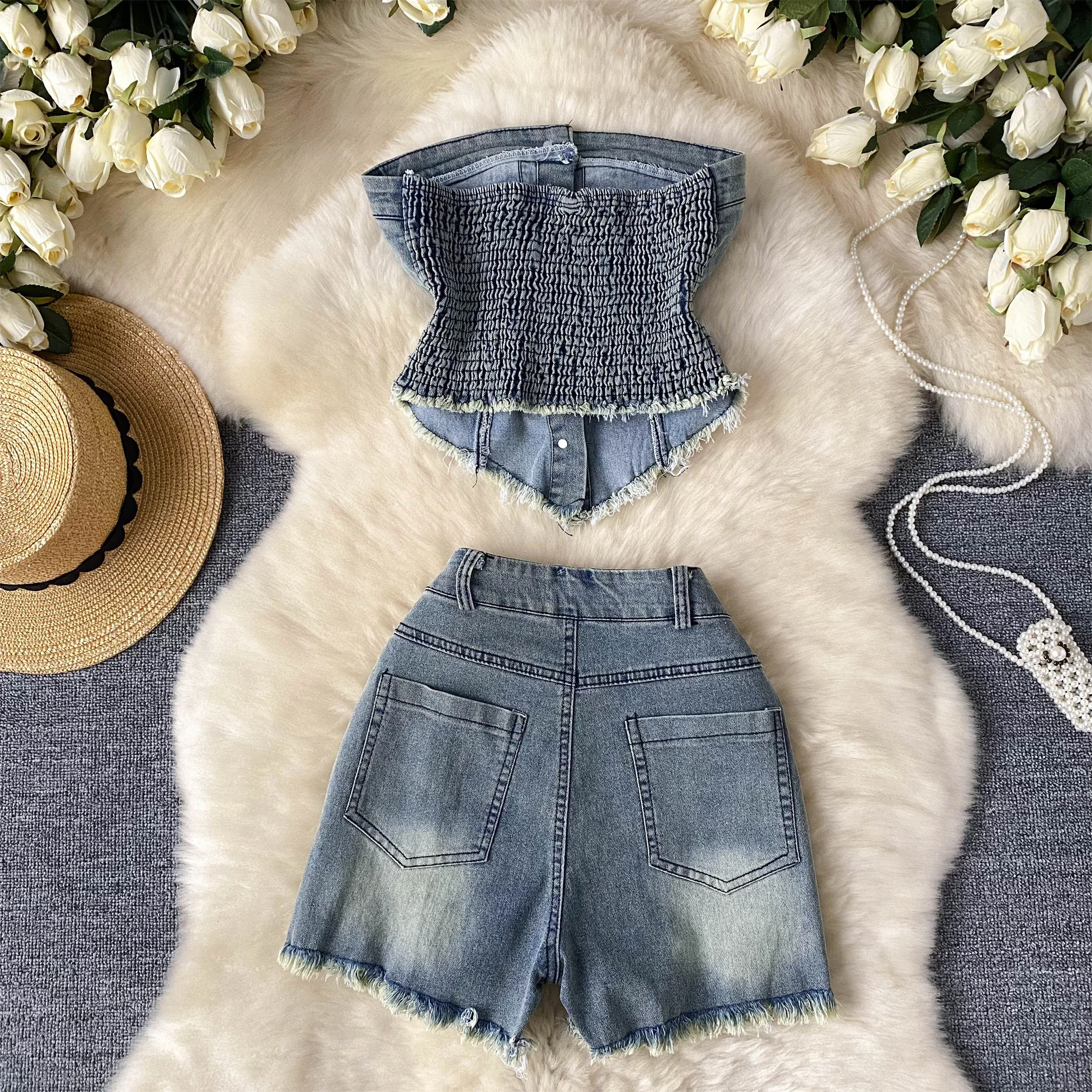 Women Denim Short Sets Jeans 2-Piece Suits Strapless Sleeveless Tassel Denim Tops + High Waist Mini Shorts Clothing Set