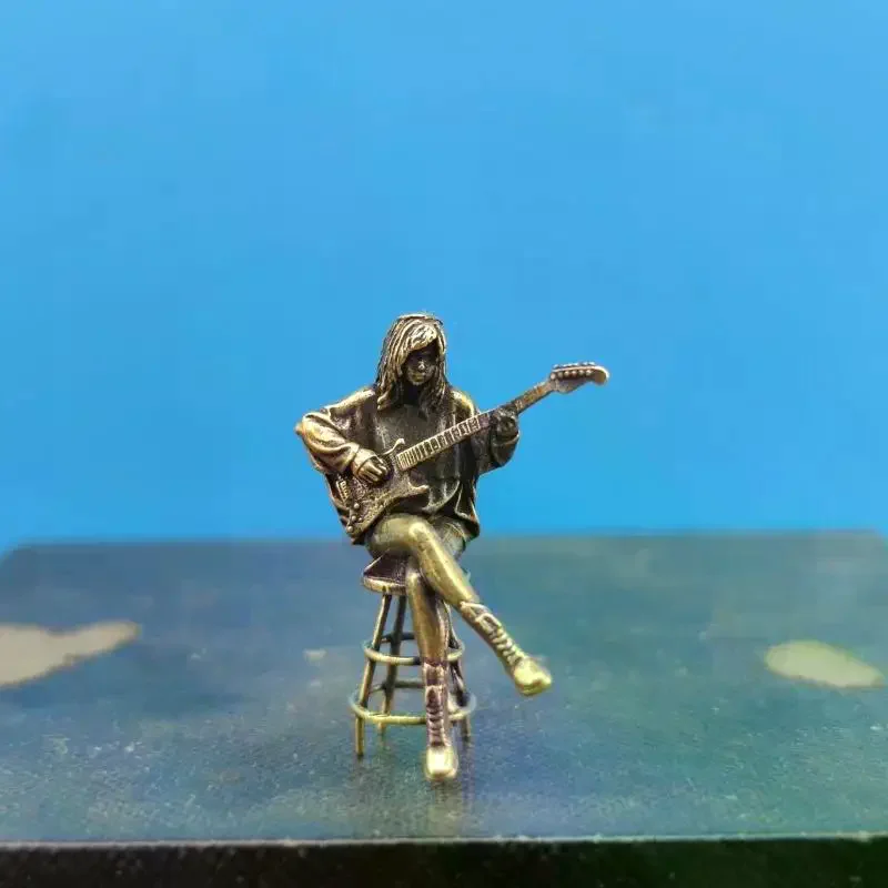 Classic Female Mini Guitarist Statue, Retro Design Brass Doll for Bar Display, Home or Office Decor