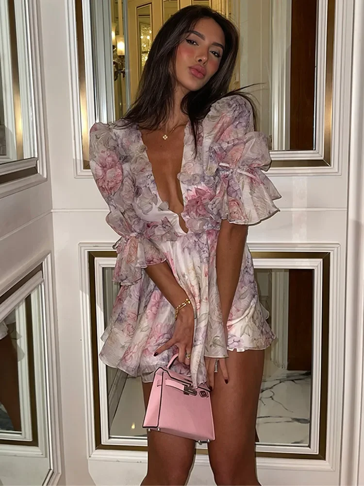 Doce rosa chiffon feminino vestido curto moda flor 3d grande puff manga com decote em v cintura alta uma linha em camadas vestidos nova senhora roupões