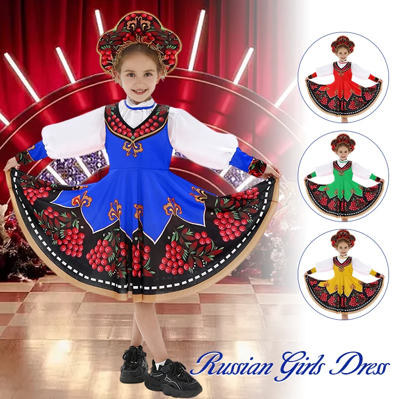 

Children Traditional Russian Folk Dance Dress Girls Princess Clothing Tops dress Headwear Halloween Stage Performance Costume
