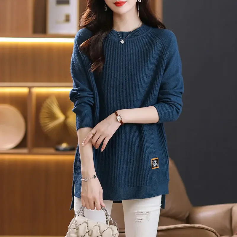 

Mid-length Sweater for Women Loose Round Neck Korean Top Trendy Base Knitted Sweater