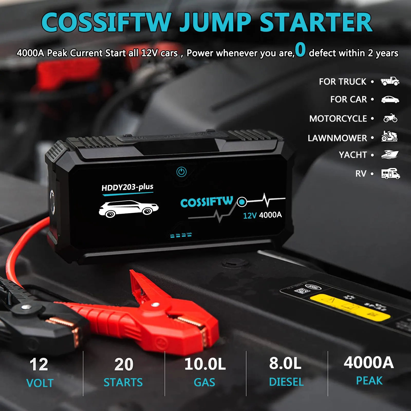 4000A Jump Starter 12V24000mAh Power Bank For 14L Petrol 12.8L Diesel Car PD60W Charging Generator For Truck/Motorcycle/Yacht/RV