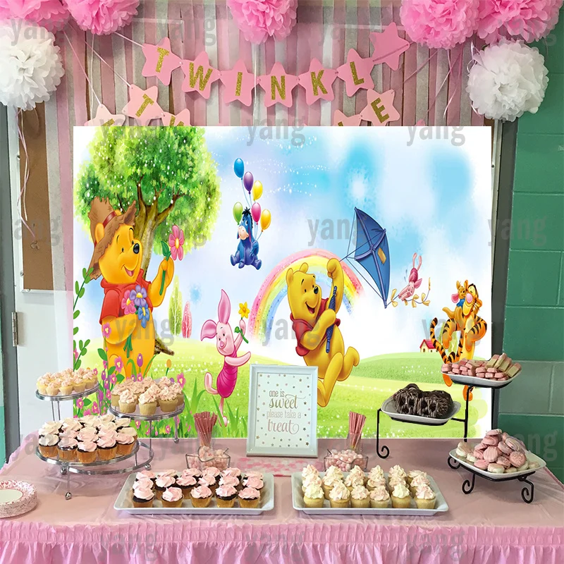 Disney Cartoon Backdrop Wall  Winnie Bear Tigger Piglet Boy Colorful Balloon Party Banner Custom Baby Shower Background Birthday