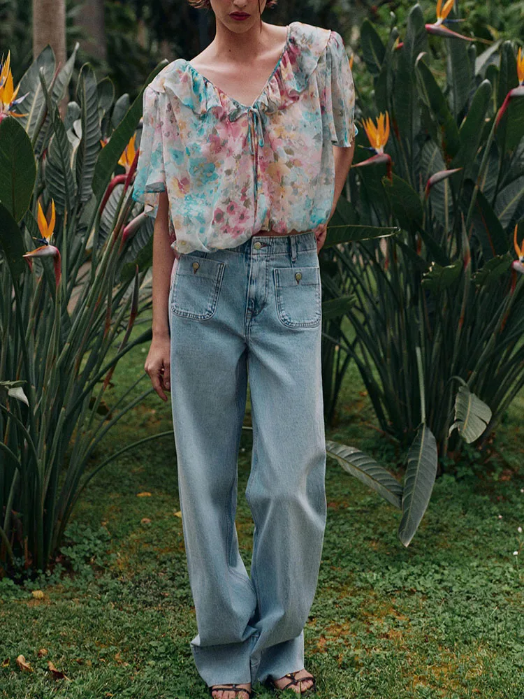 New 2026 Women's Summer Short Sleeve V-Neck Floral Print Layered Decorated Shirt Versatile Fashionable Chinese Style Top