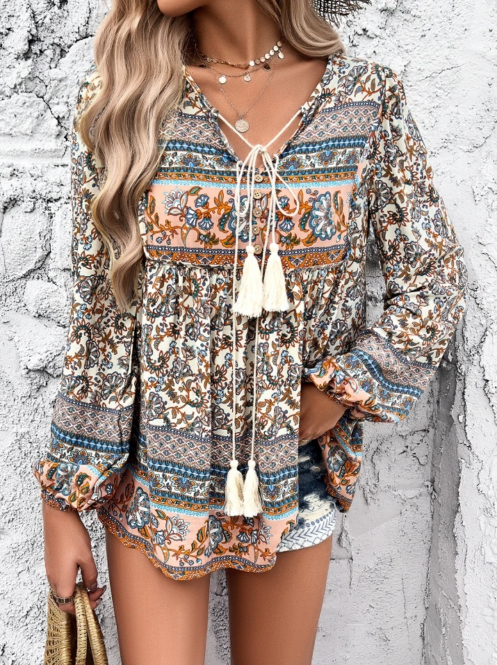 Women's Blouse Tops Fashion Vintage Floral Print V-neck Button Fringe Lace-up Decor Lantern Long Sleeve Loose Fit Tee Top