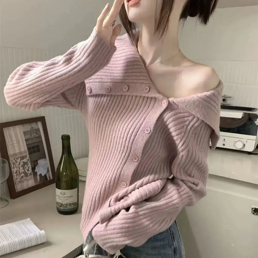 

Knitted Pullovers Irregular Solid Button Off The Shoulders Women Chic Slim Asymmetric Sexy Sweaters Ladies Soft Long Sleeve Tops