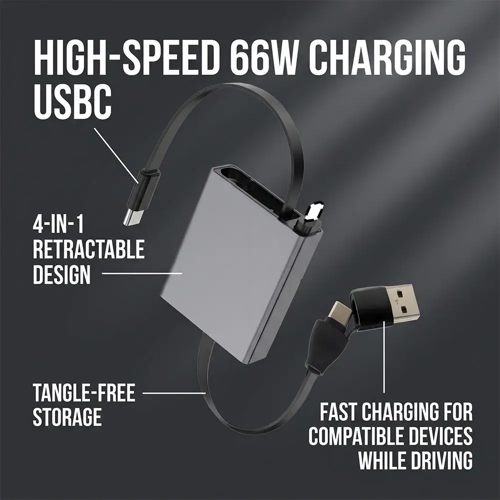 4 in 1 Retractable Car Charging Cable 66W USB C Lightning Fast Charge Portable Cord for iPhone Samsung Laptop Car Use