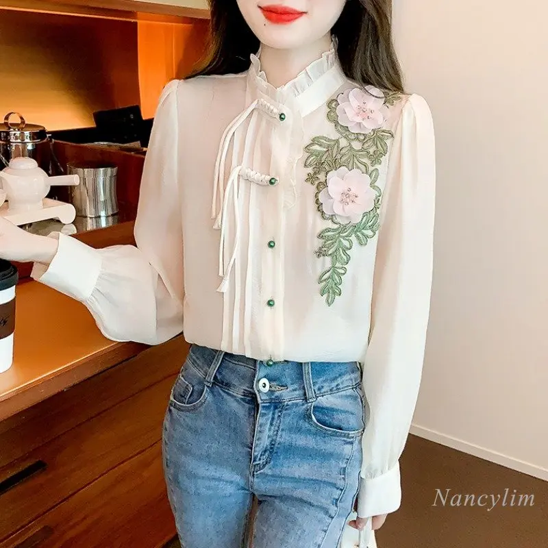 Beautiful Ruffles Stand Collar Chiffon Shirt for Women Spring 2024 New High-Grade Exquisite Embroidered Flowers Blouses Chic Top