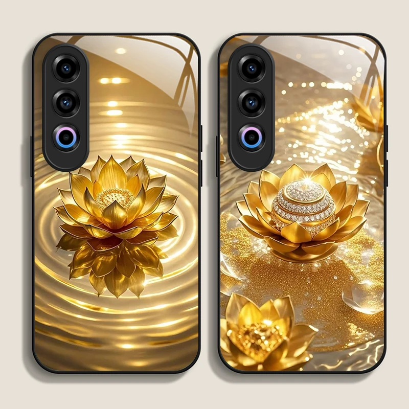 الإبداعية الذهبي لوتس زهرة نمط الزجاج المقسى جراب هاتف ل OnePlus 13R 12 11 10 Pro ACE2 ACE3 Nord CE4 3 2 لايت 5G غطاء