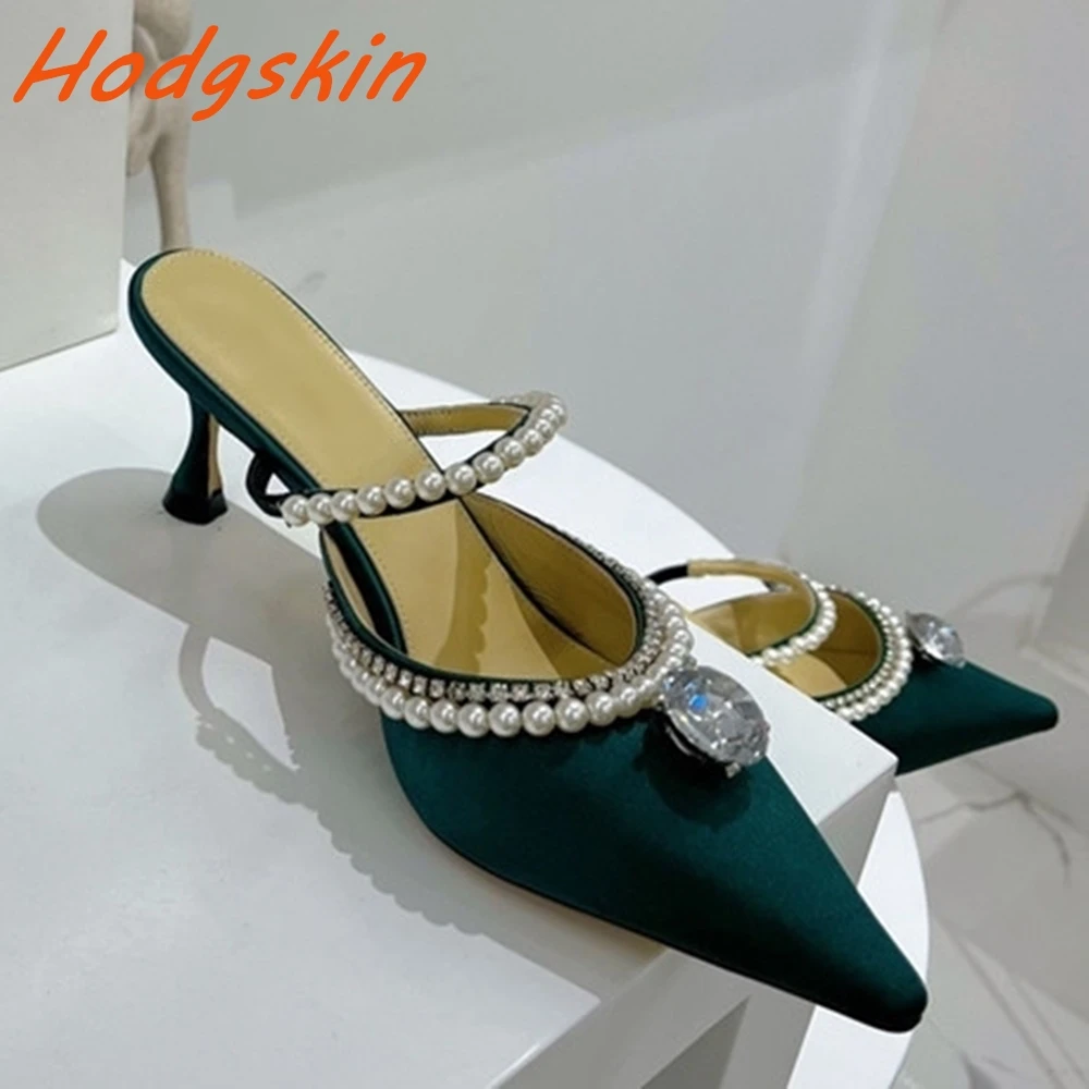 Sandal wanita Hak tipis seksi, sandal wanita mode dangkal kristal Bling, hak tipis seksi, Slip On ujung runcing, sandal selop luar ruangan lurus mutiara