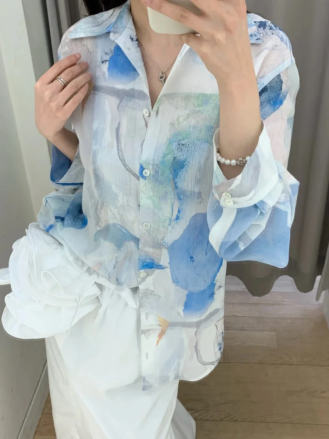 Loose Long Sve mujer irt artístico Aosphere estampado de marca de agua transparente Quali Spring East Gate Sle Casual irt