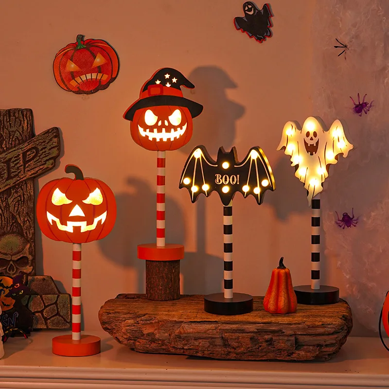 

2023 Halloween Party Favors Portable Led Glowing Pumpkin Lanterns Witch Bat Ghost Skeleton Festival Decoration Wood Table Lamp