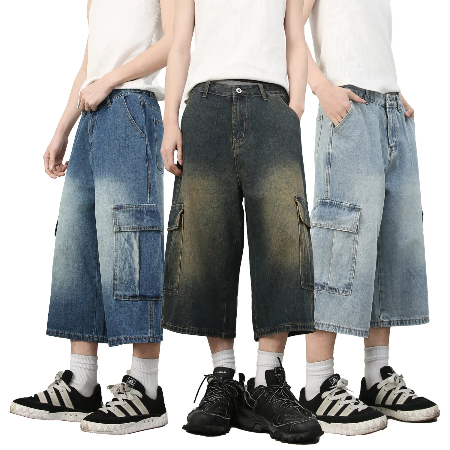 Multi-pocket Skateboard Hip-hop Denim Shorts Men's Trend Cropped Pants Loose Middle Pants Summer