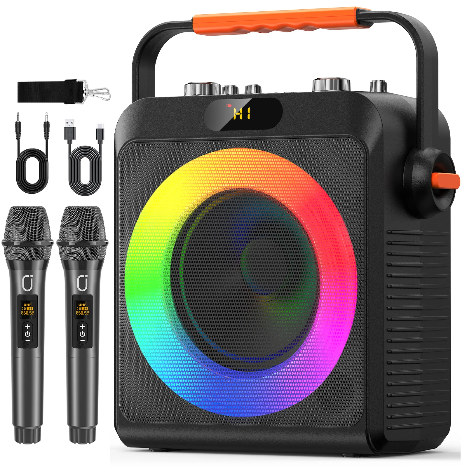 FanFun Karaoke-Maschine mit 2 kabellosen Mikrofonen, tragbarer Lautsprecher mit LED-Leuchten für Kinder und Erwachsene, unterstützt Bluetooth/USB/TF/AUX 3