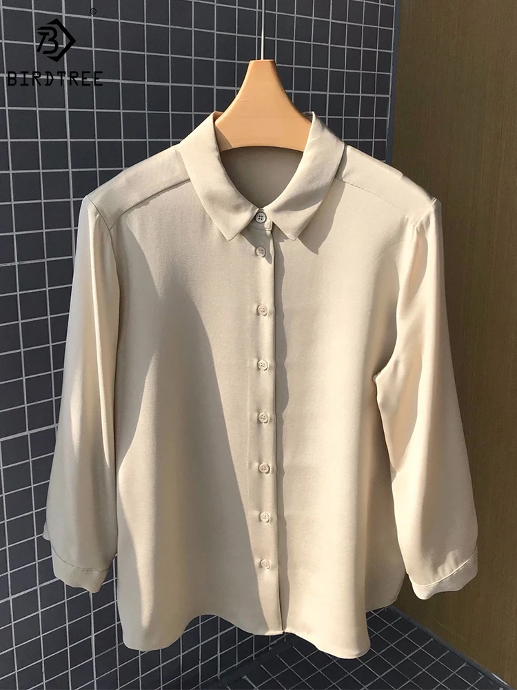 

BirdTree 6A 23MM 91%Real Silk Crepe De Chine Shirt,Women Lapel Solid,Simple Versatile Temperament Blouse,2024 Spring T41650QD