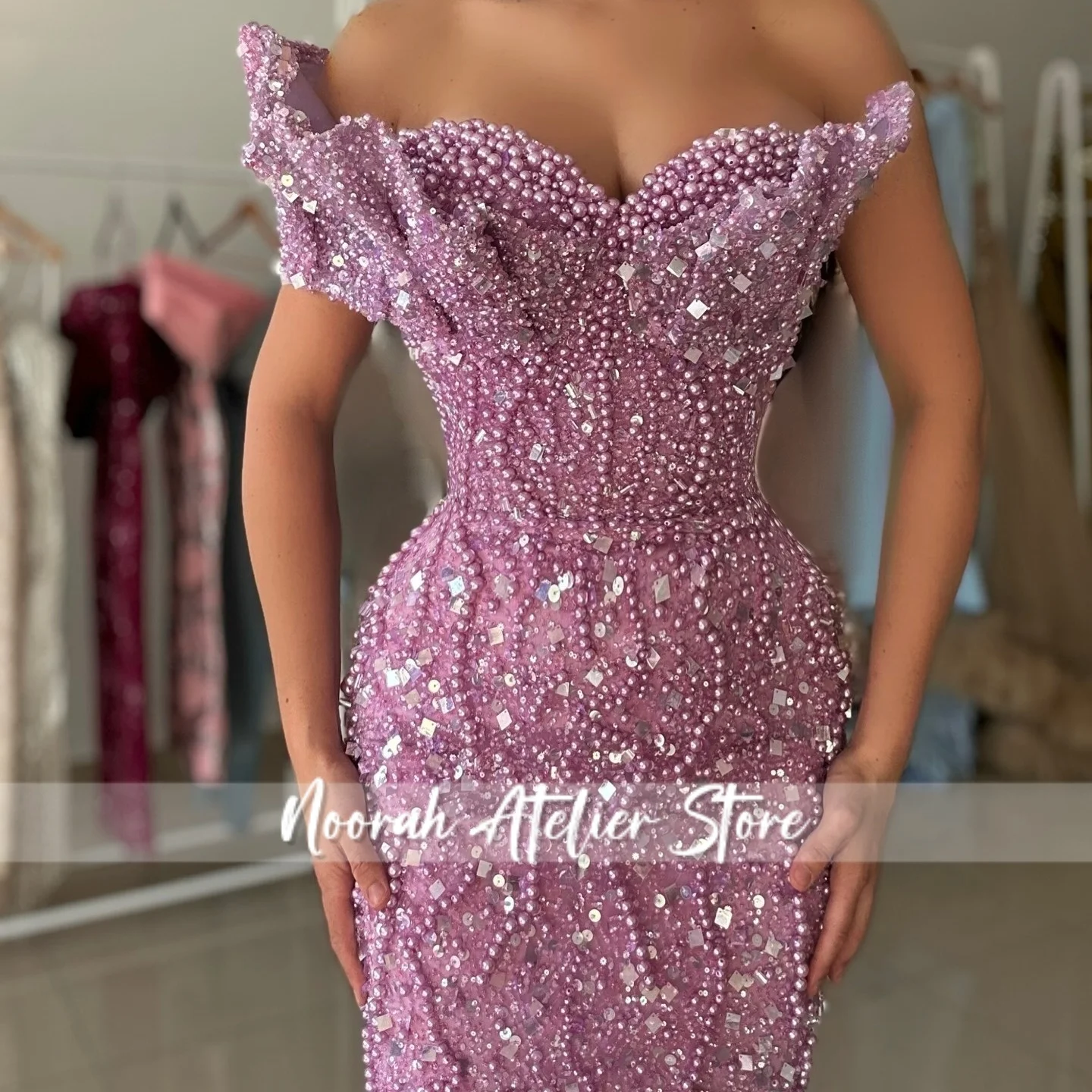 Lilla lucido Una spalla Arabia Saudita Paillettes Perle Abiti da sera di lusso 2025 Abito da sposa فساتmaveraAbito da ballo Personalizzato