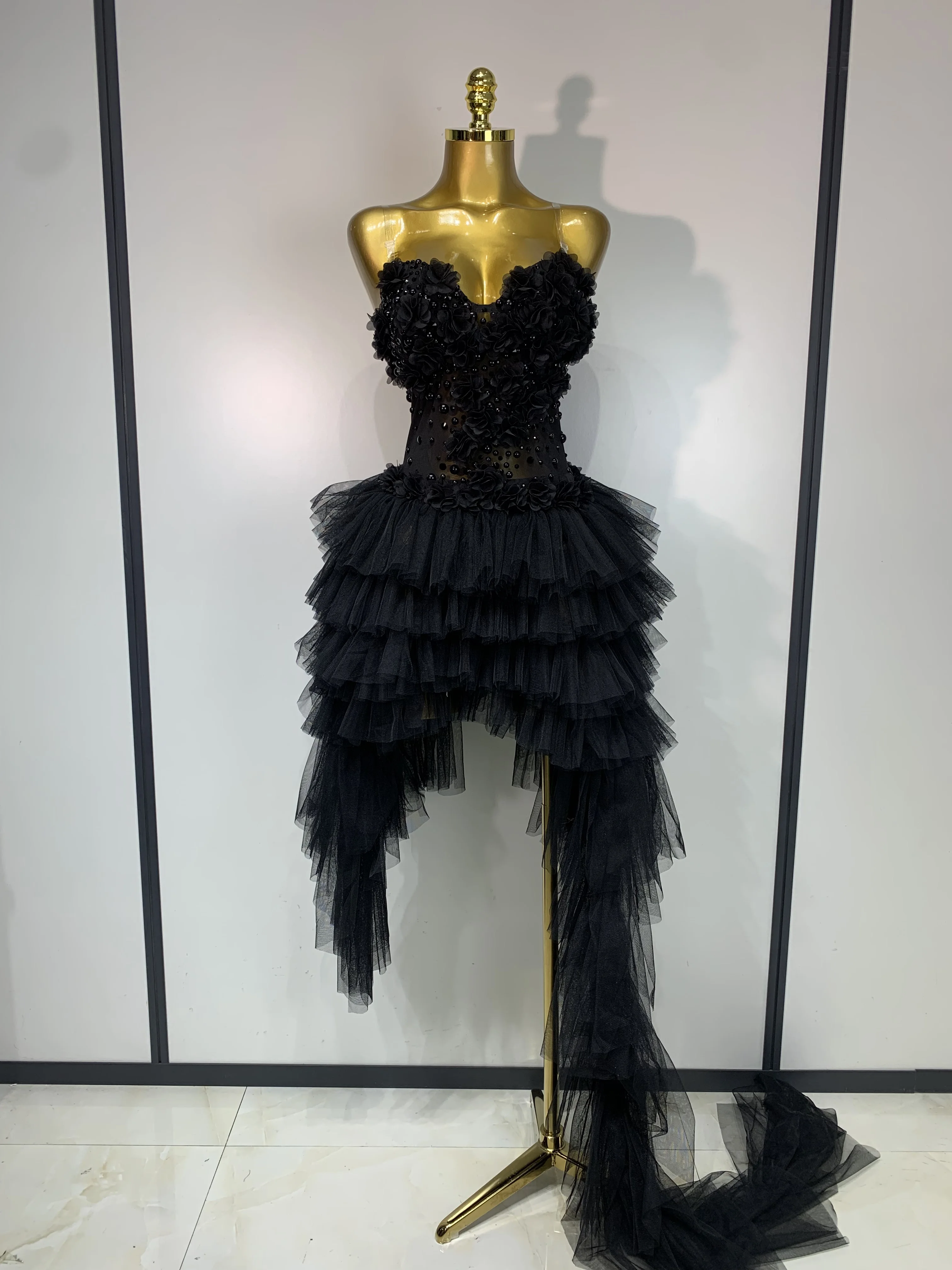 Women Luxury Birthday Dress Strapless Flowers Pearl Mesh Asymmetric Bodysuit Evening Party