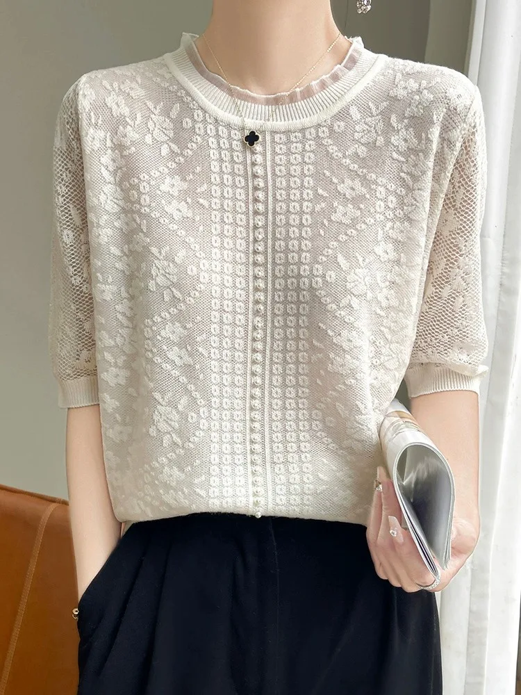 

Ele ort Sve Women's T-irt Lace Trim Heavy Knit Thin Design Lotus Le Collar f Sve Knitted Top Summer Faion