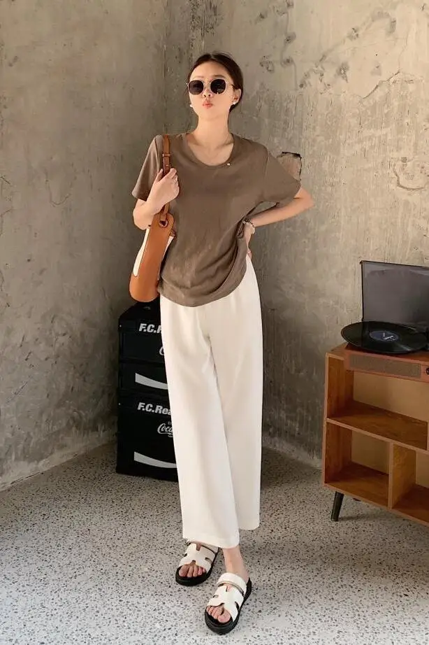 Pantalon ample en acétate pour femmes, taille haute, décontracté, coréen, taille élastique, sensation libre, longueur au sol, nouvelle collection été