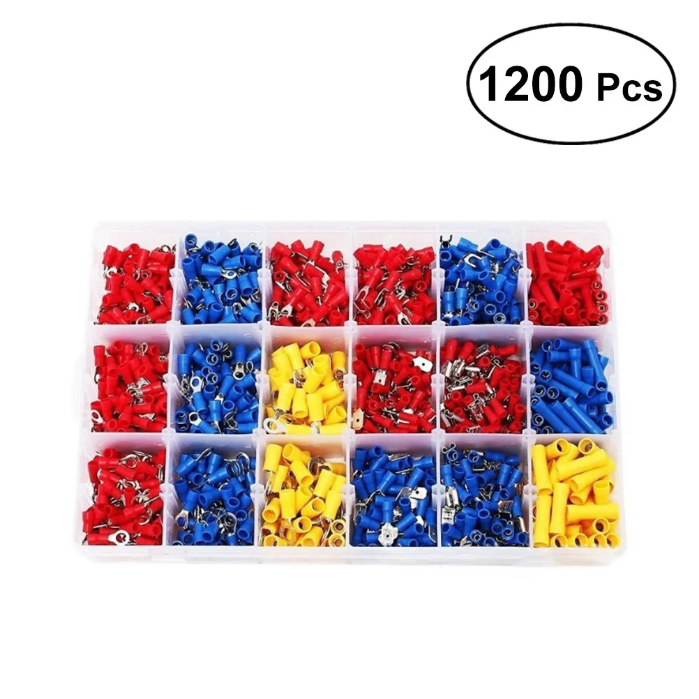 

1200 pcs Cold Press Terminal Connector Kit Insulated Wire Connectors For Marine Automobile Wiring In Re-Sealable Pvc Box Butt