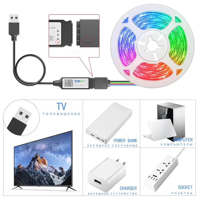 SanjiCook 5V USB RGB 5050 LED Light Strip With Bluetooth 24 Button Remote Control Suitable For TV Atmosphere Background Wall