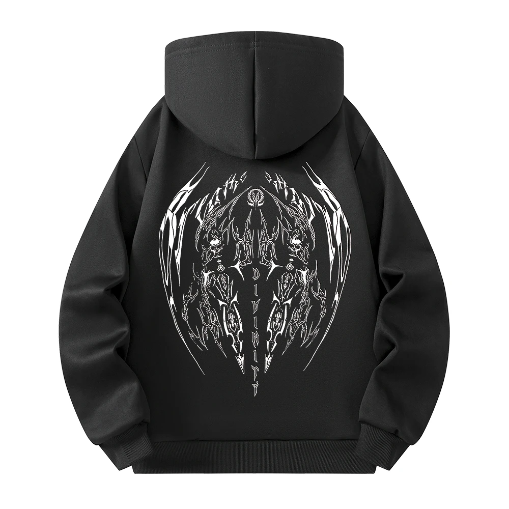 Moletom preto com capuz e meio zíper com estampa de diabo alado estilo de rua hip-hop solto e casual outono/inverno pulôver masculino