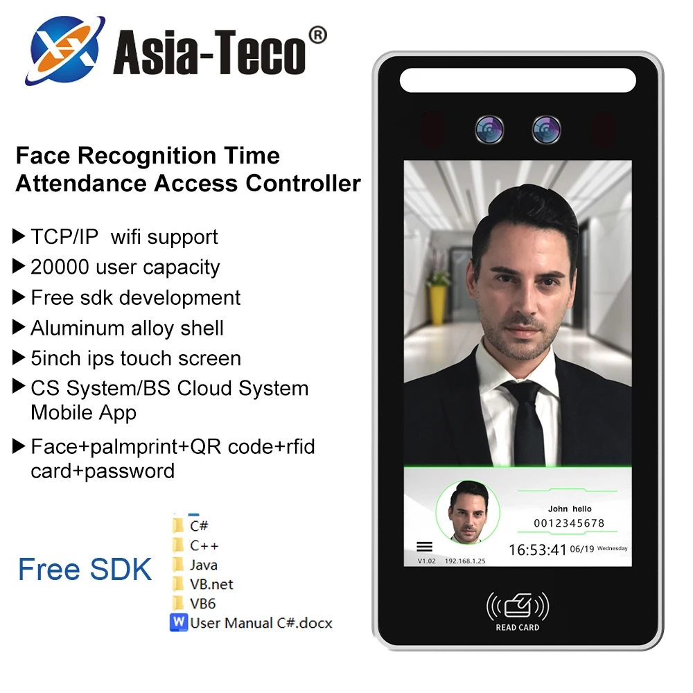 5in TCP/IP WIFI sistema biometrico di presenze Palmprint Scanner riconoscimento facciale Rfid QR Code controllo accessi sistema di chiusura della porta