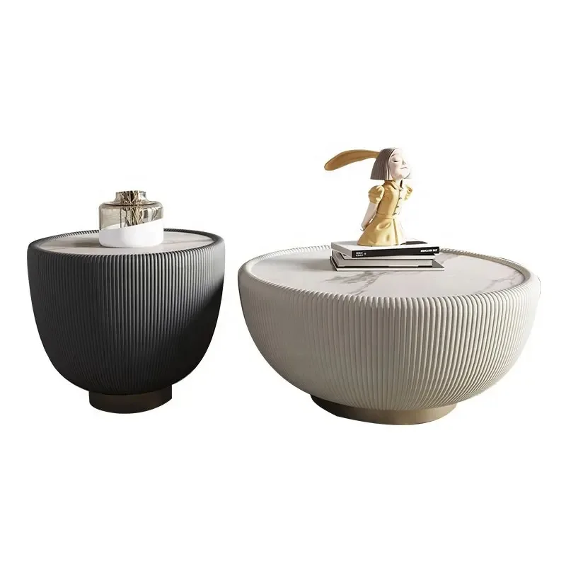 

Simple and creative bowl-shaped small round slate living room modern sofa side slate top white stone drum coffee table
