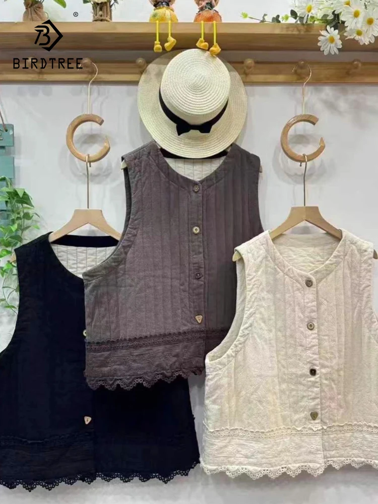 

Новый зимний жилет с хлопковой подкладкой 2025, женское кружевное лоскутное пальто с круглым вырезом, французское повседневное свободное теплое пальто без рукавов Mori Girl C5D847CC