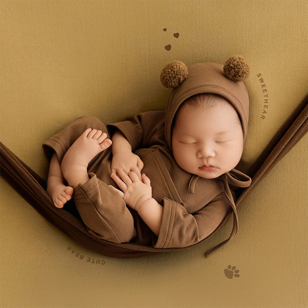 Newborn Baby Bear Outfit Soft Cotton Brown Bear Costume Adjustable Hat Photography Clothing Cute Plush Animal Comfort Doll Props